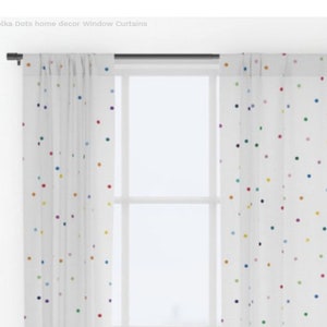 Polka dot window curtains fun drapery panels for kids room decor. Kids bedroom or playroom colorful and fun sheer or blackout curtain panels