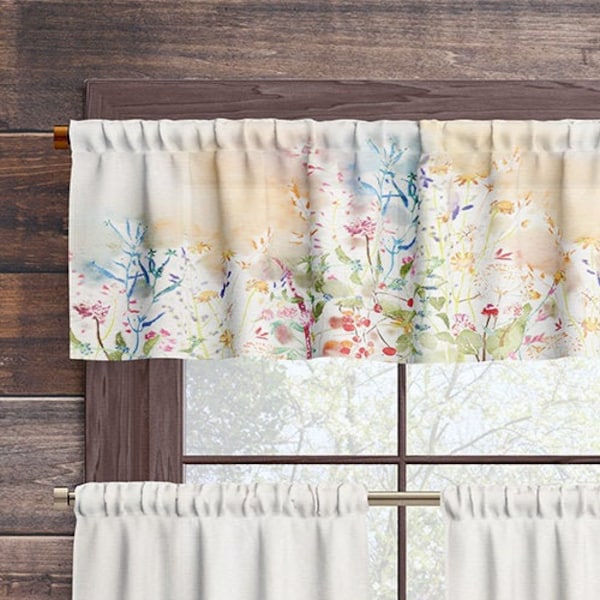 Floral Window Curtain Valance with watercolor wildflowers for country farmhouse or ranch decor. Valance for kitchen, bedroom or living room.