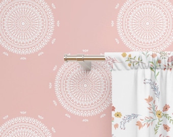 Pink Boho Mandala Removable Peel Stick Wallpaper, Textured Fabric (Eco-Friendly, Reusable, Multiple Sizes for Kids Rooms)