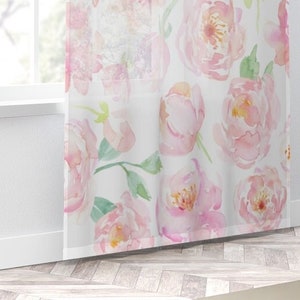 Pink peony floral sheer window curtain panel for standard window treatment. Great for baby nursery decor, girls bedroom curtain or playroom