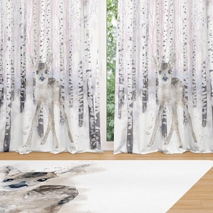 Window curtains, sheer or blackout with Woodland trees and deer watercolor print. Woodland curtain baby girl woodland nursery decor