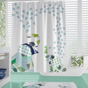 Modern Kids shower curtain set - Blue Bathroom decor & accessories with jungle elephants. Matching bath mat and kids bath towels set.