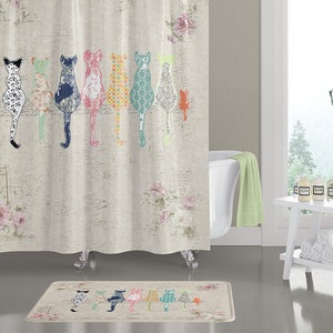 Cat Shower Curtain Bathroom Set With Bath Mat & Bath Towels, Beige Bathroom Decor, Extra Long Fabric Shower Curtains Shabby Chic Style Decor