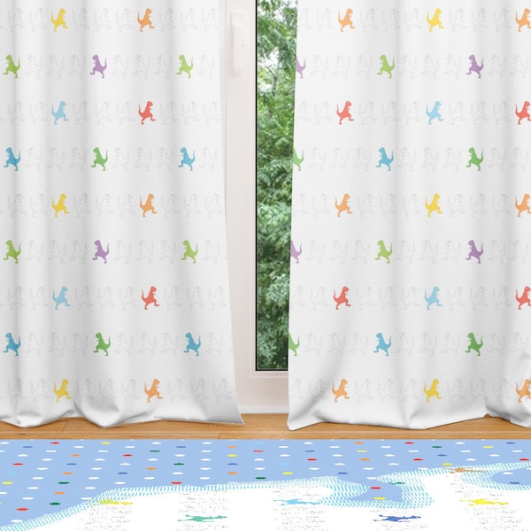 Dinosaur curtains - window curtains for kids - sheer curtain or blackout curtains. Boys room decor with dinosaurs. Dinosaur nursery decor