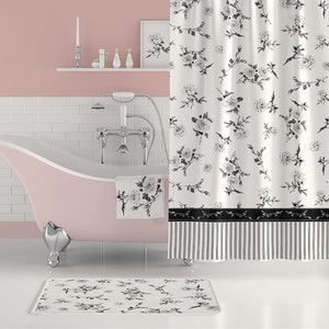 Black And White Floral Shower Curtain With Bath Mat. Floral Bath Curtain. Country Farmhouse Bathroom Decor. Extra Long Shower Curtain Set.