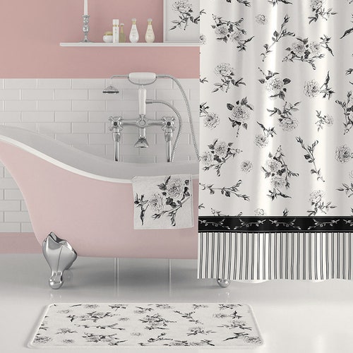 Black and White Floral Shower Curtain With Bath Mat Floral Etsy