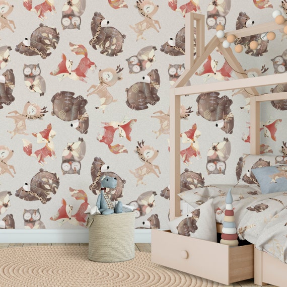 Woodland Peel and Stick Wallpaper With Cute Forest Animals for - Etsy