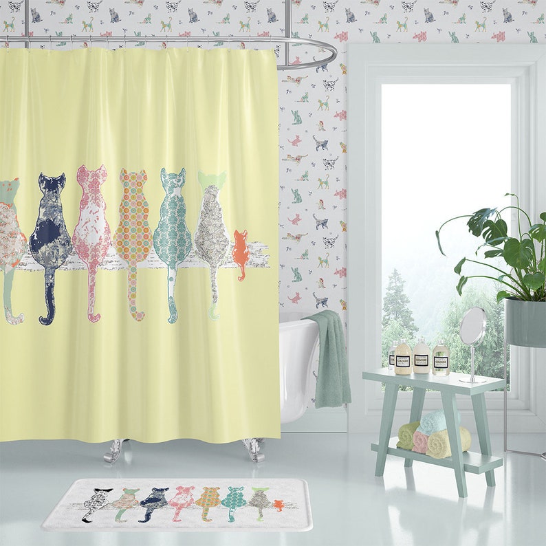 Cats Shower Curtain. Shabby Cottage Farmhouse Chic Yellow Etsy
