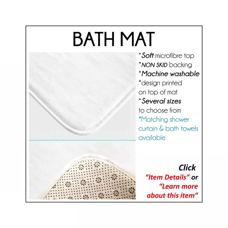 The image is a product detail explanation of an ozscape designs bath mat. It features a close-up of the mat, along with a description of its features, such as the soft microfibre top, non-skid backing, and machine washable design. The mat is available in several sizes, and it is designed to match shower curtains and bath towels. The advertisement also includes a call-to-action for customers to click on "Item Details" or "Learn more about this item" to learn more about the product.