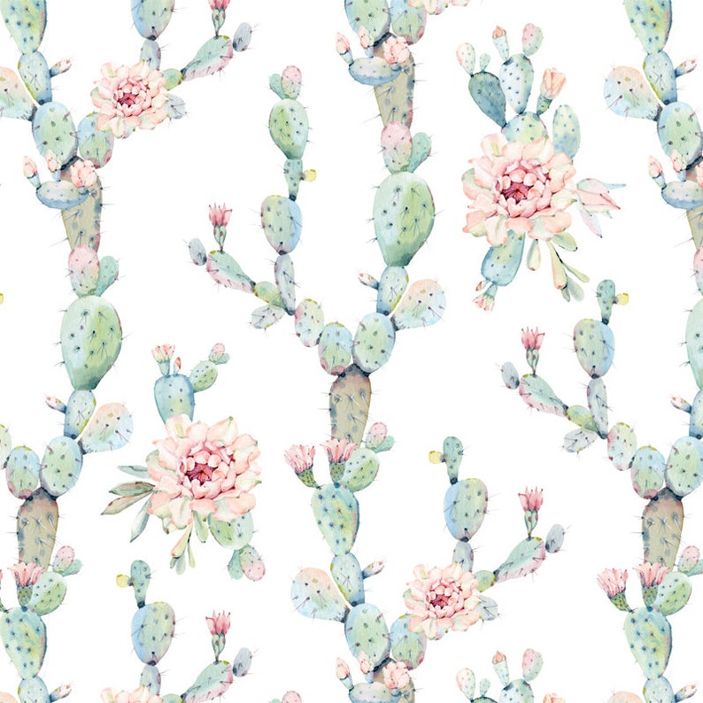May include: A seamless pattern featuring watercolor illustrations of cactus plants with pink flowers. The cactus plants are green and have a variety of shapes and sizes. The flowers are delicate and have a soft pink hue.