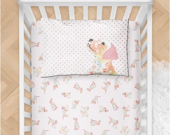 Pink Puppy Dog Crib Bedding Set - Toddler Girl Bedding, Coral Pink Comforter & Sheets - Soft Jersey Knit, Machine Washable, Cozy Decor