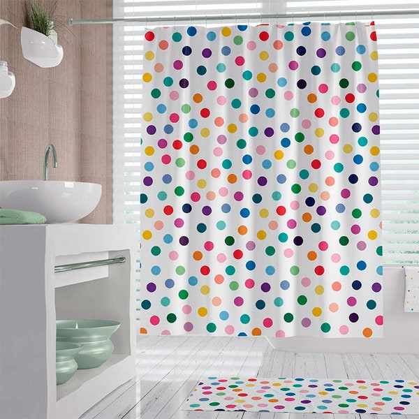 Premium Polka Dot Shower Curtain With Colorful Polka Dots For Kids Bathroom Decor - Mold & Mildew Resistant Washable Water Repellent Fabric.