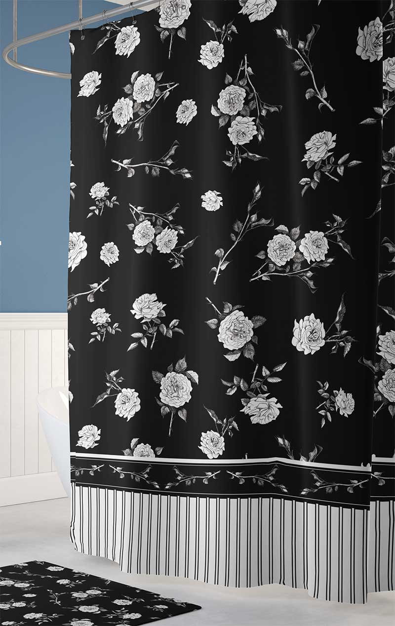 Black And White Floral Shower Curtain With Bath Mat Floral Etsy