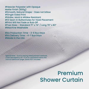 The image is a close-up of an Ozscape Designs Premium shower curtain with a list of features and specifications for a premium shower curtain.