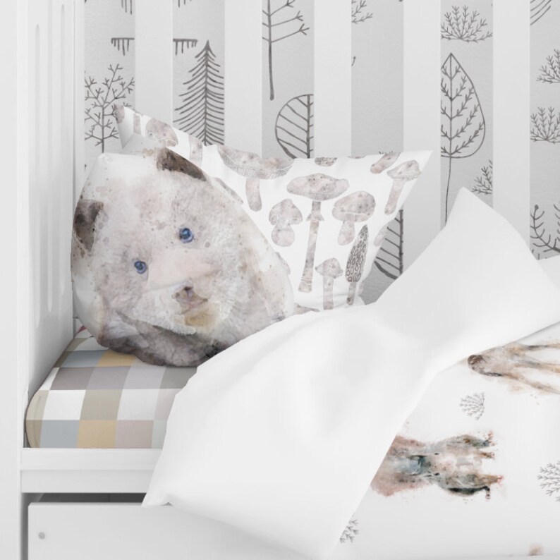 Watercolor woodland animals toddler girl single comforter crib bedding set. Woodland baby bedding girls duvet set with sheets