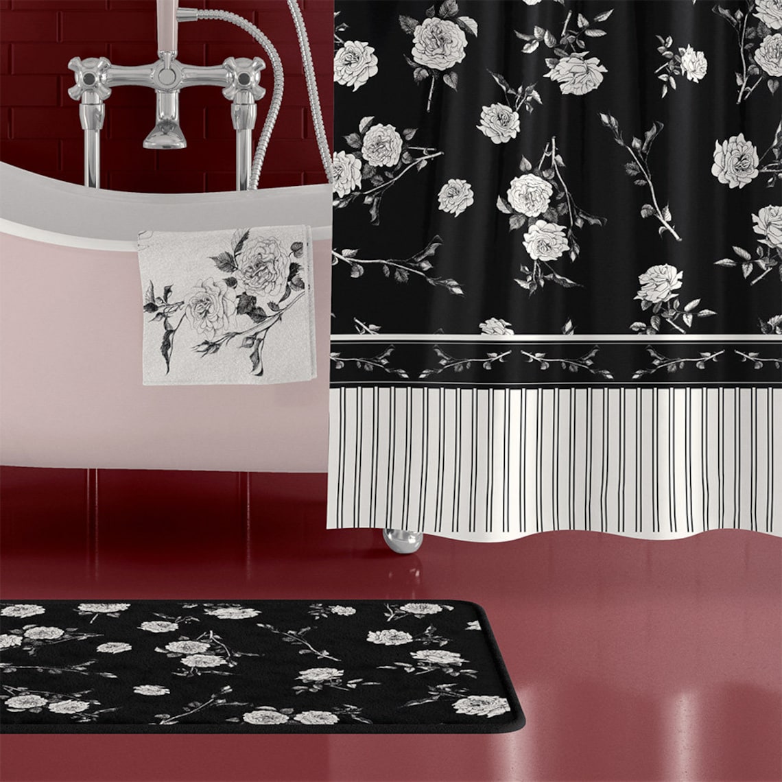 Black and White Floral Shower Curtain With Bath Mat Floral Etsy