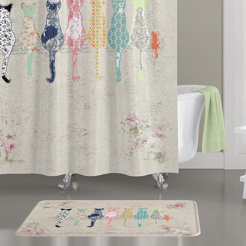 Cat Shower Curtains Vintage Floral Shower Curtain Cats Etsy