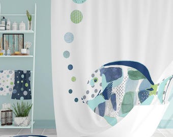 Fish Shower Curtain - Nautical Kids Bathroom Decor - Water Resistant Polyester, Mold Resistant, Machine Washable