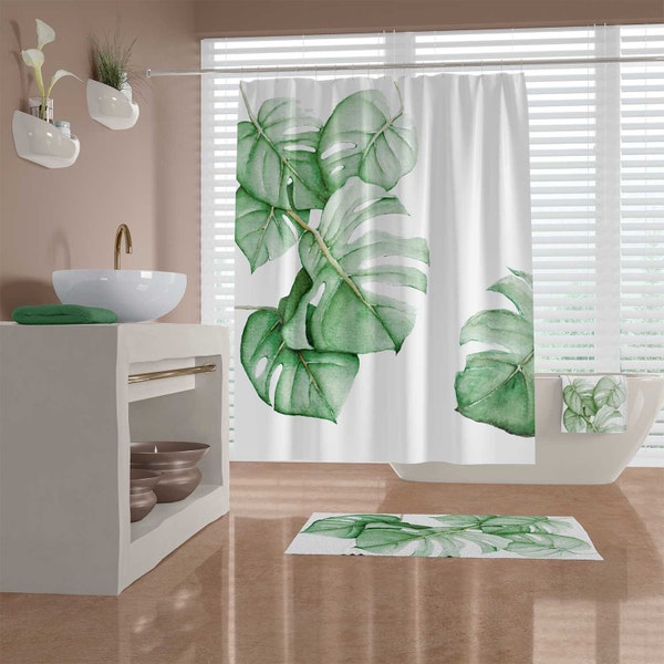 Tropical Bathroom Green Watercolor Leaves Fabric Shower Curtain With Matching Optional Bathroom Towels. Modern Bathroom Decor. NEW DESIGN.