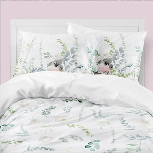 Boho leafy green duvet cover set, pretty bedding for toddler girl bedroom decor. Cotton girls bedding in twin duvet, full duvet & queen size
