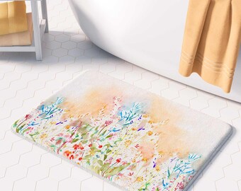 Colorful Summer Floral Bath Mat - Watercolor Cottagecore Memory Foam Mold Resistant, Non skid, Washable Rug For Sunny Bathroom