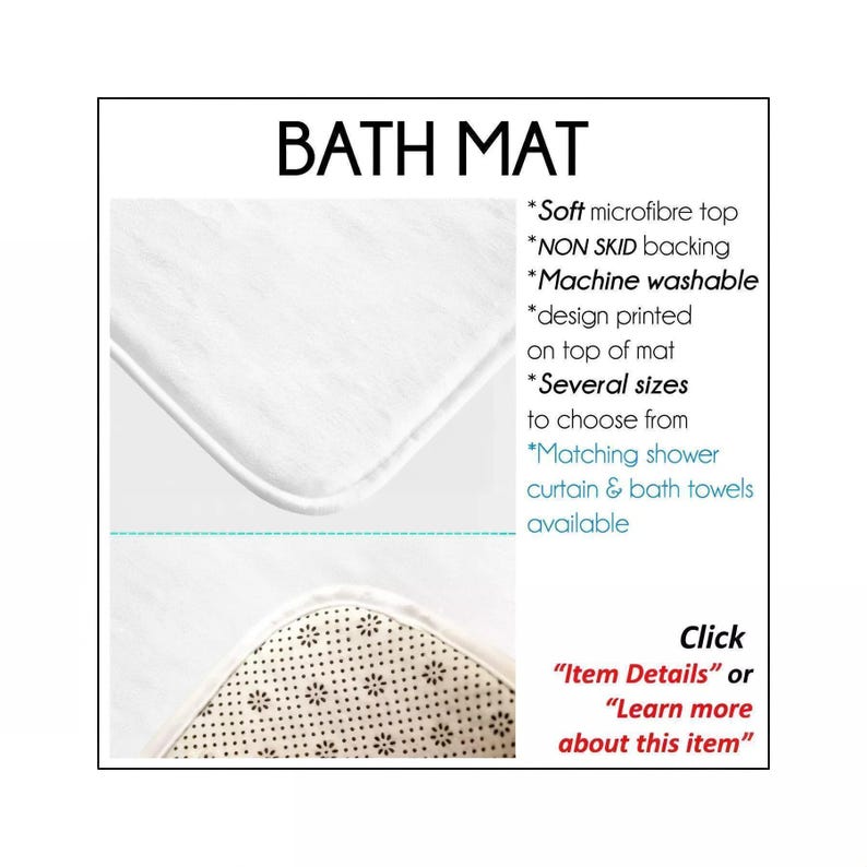 The image is a product detail explanation of an ozscape designs bath mat. It features a close-up of the mat, along with a description of its features, such as the soft microfibre top, non-skid backing, and machine washable design. The mat is available in several sizes, and it is designed to match shower curtains and bath towels. The advertisement also includes a call-to-action for customers to click on "Item Details" or "Learn more about this item" to learn more about the product.