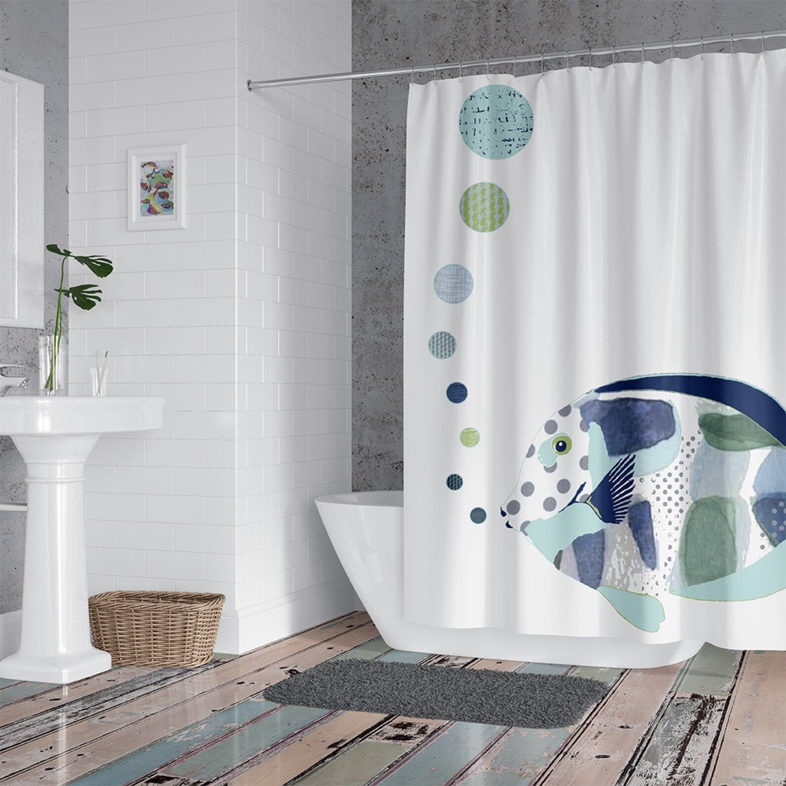 Blue Fish Shower Curtain. Nautical Beach House Kids Bathroom Etsy
