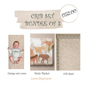 Baby Nursery Bedding Set Boy & Girl Elephant Safari Crib Sheets, Minky Blanket And Changing Pad Cover - Baby Crib Set For Baby Shower Gift