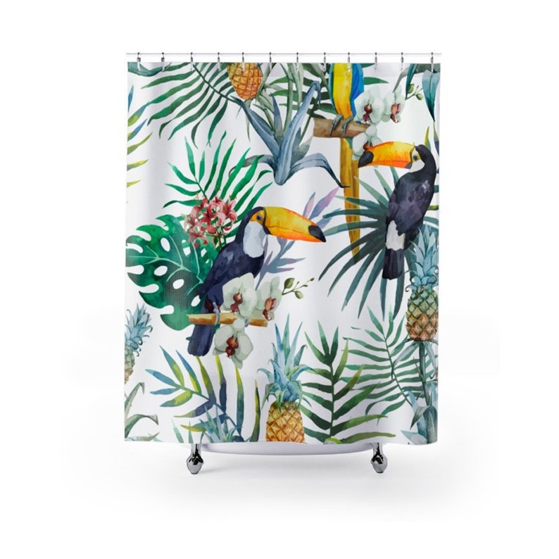 Tropical Decor Birds Shower Curtain Palm Leaves Shower Green Etsy