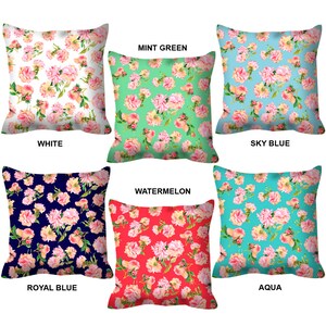 May include: Six square throw pillows with floral patterns on different colored backgrounds. The colors are white, mint green, sky blue, royal blue, watermelon, and aqua. The pillows are all the same size and have a white border.
