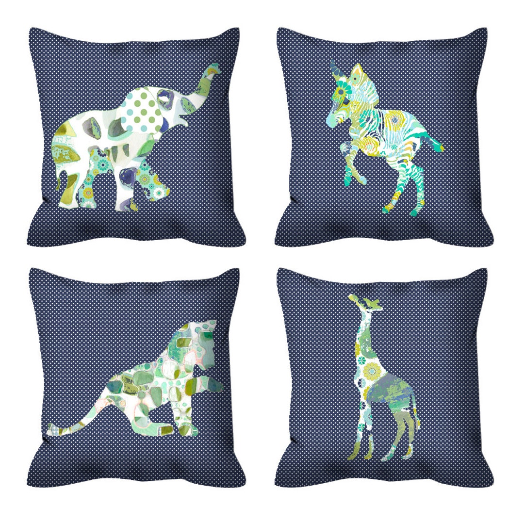 Jungle Animals Throw Pillow for Navy Nursery Decor. Baby Boys Room Decor. Elephant Pillow Cover