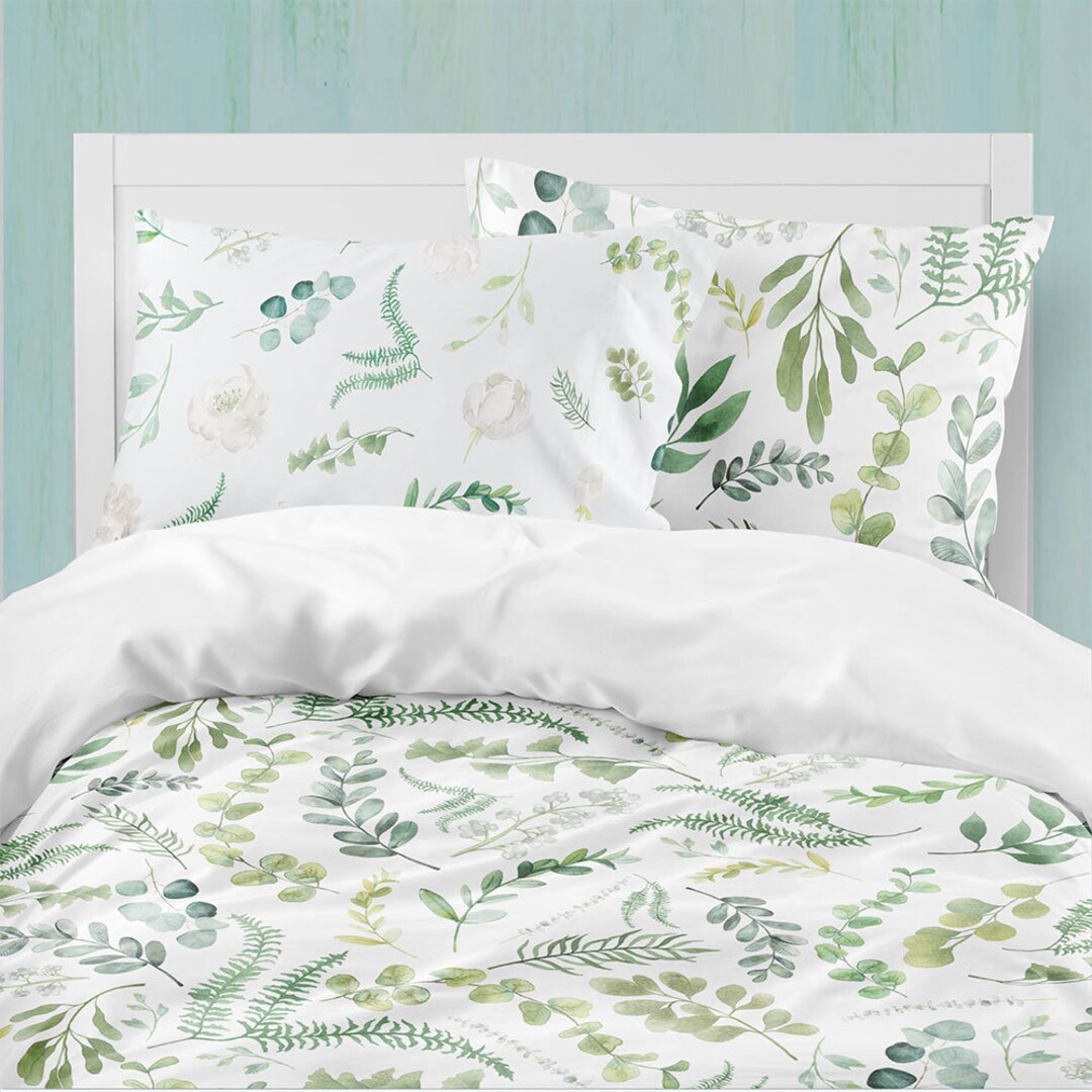 White Cotton Duvet Cover With Botanical Floral Print. Twin Duvet Cover Set, Queen Duvet Cover