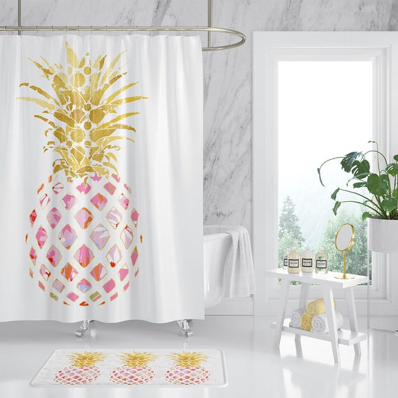 Pineapple Map To Print Shower Curtain Floor Mat Four Sets of Bathroom Mat Set 