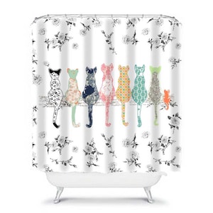 Cat Shower Curtain, Shabby Chic Shower Curtain, Shower Curtains, Shabby Chic Bathroom Decor, Cat Decor, Floral Shower Curtain, Cat Curtain