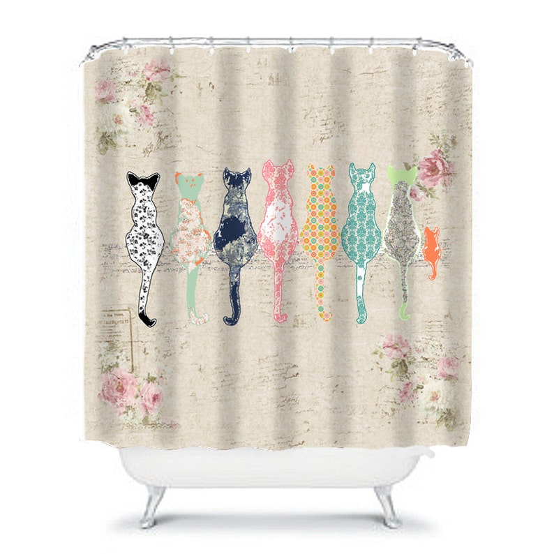 Cat Shower Curtain Shabby Chic Shower Curtain Cat Decor Etsy