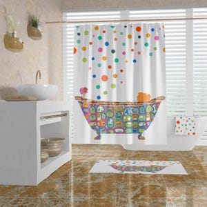 Cortina de ducha moderna con estampado de burbujas y lunares – Diseño divertido de poliéster para niños imagen 3