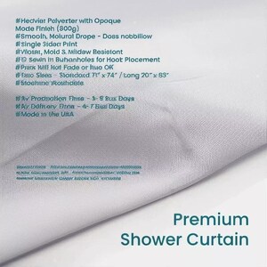 The image is a close-up of an Ozscape Designs Premium shower curtain with a list of features and specifications for a premium shower curtain.