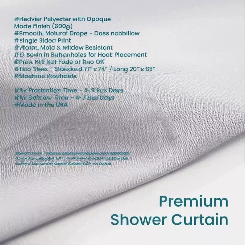 The image is a close-up of an Ozscape Designs Premium shower curtain with a list of features and specifications for a premium shower curtain.