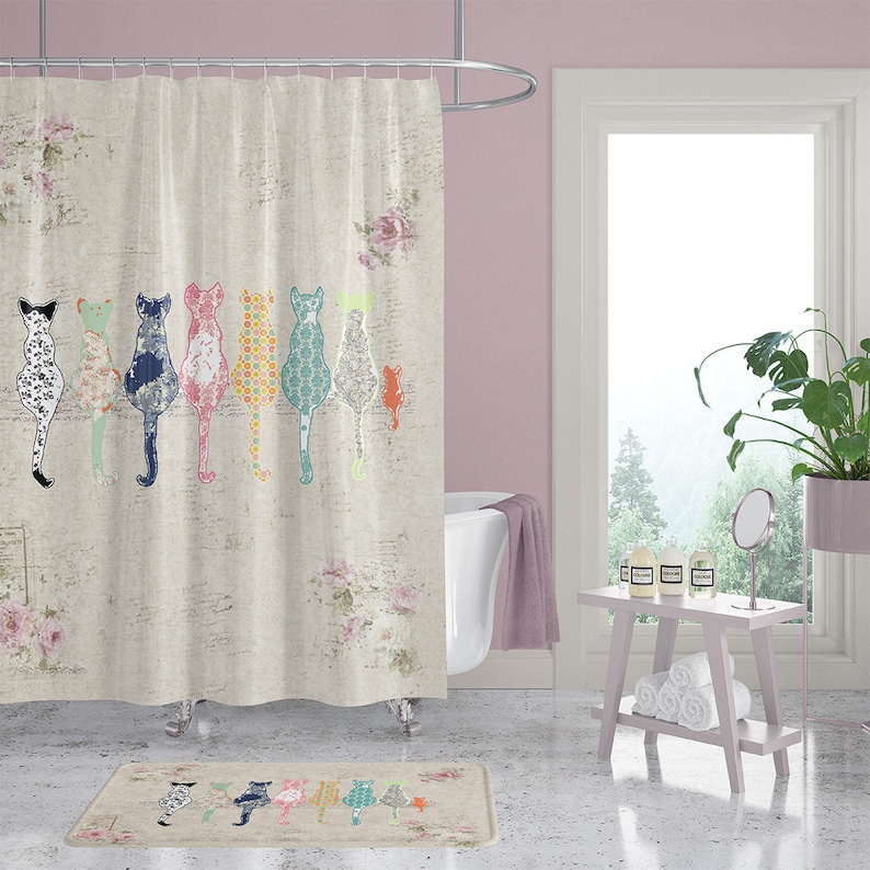 Cat Shower Curtain Bathroom Set With Bath Mat & Bath Towels Etsy