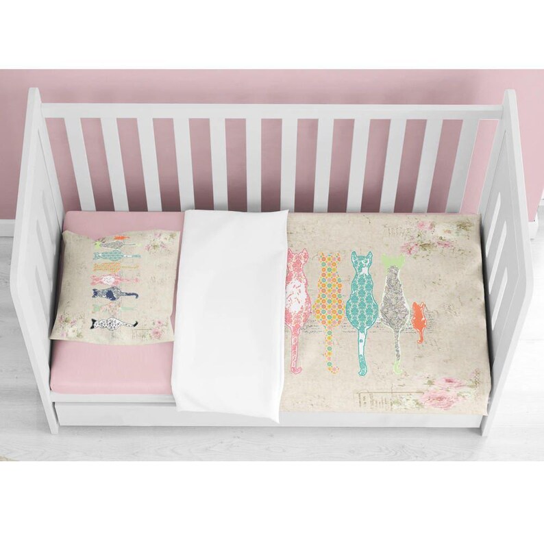 Cat Nursery Duvet Cover With Bed Pillows For Baby and Toddler Bedroom Decor: Soft Cotton, Machine Washable | Toddler Room Decor image 2