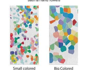 Bold abstract colorful bath towels and hand towel set for your modern bathroom decor. Match them with the shower curtain set and bath rugs.