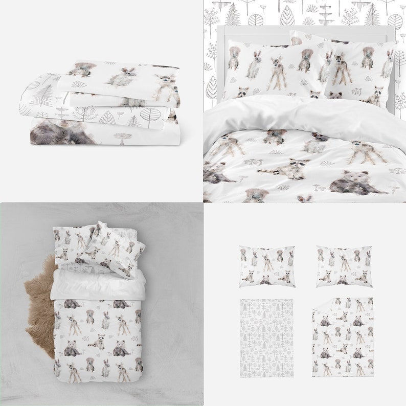 Watercolor woodland animals toddler girl single comforter crib bedding set. Woodland baby bedding girls duvet set with sheets