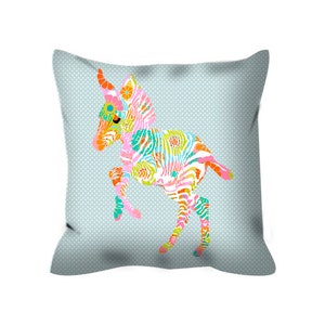 May include: A decorative pillow with a light blue background and a colorful floral zebra design. The zebra is in a playful pose with its legs raised.