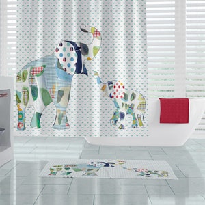 Fun Shower Curtain For Kids With colorful Patchwork Elephant In Blue, Red And Green - Premium Mold Resistant, Machine Washable Fabric.