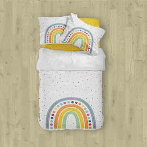 Yellow and white cotton polka dot rainbow duvet cover set. Colorful fun toddler bedding with pillow case in twin, full, queen and king size.