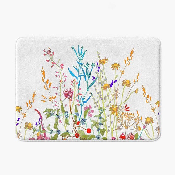 Farmhouse Floral Bath Mat: Wildflower Theme, Eco-Friendly Inks (Non-Skid, Quick Dry, Machine Washable Sizes)