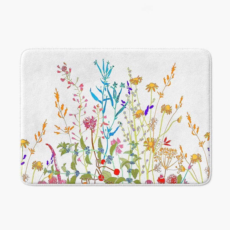 Farmhouse Floral Bath Mat: Wildflower Theme, Eco-Friendly Inks (Non-Skid, Quick Dry, Machine Washable Sizes) image 1