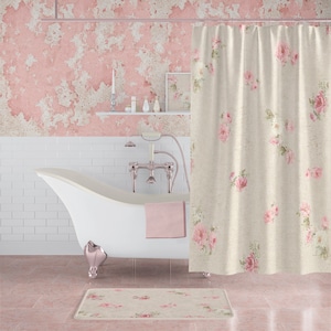 Blush Pink Rose Floral Shower Curtain: Shabby Chic Farmhouse Bathroom Decor