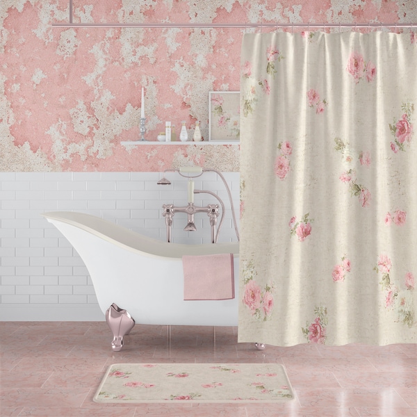 Blush Pink Blurred Rose Floral Shower Curtain. Farmhouse Shabby Chic Style Bathroom Decor Shower Curtain Set, Floral Bath Mat, Floral Towels