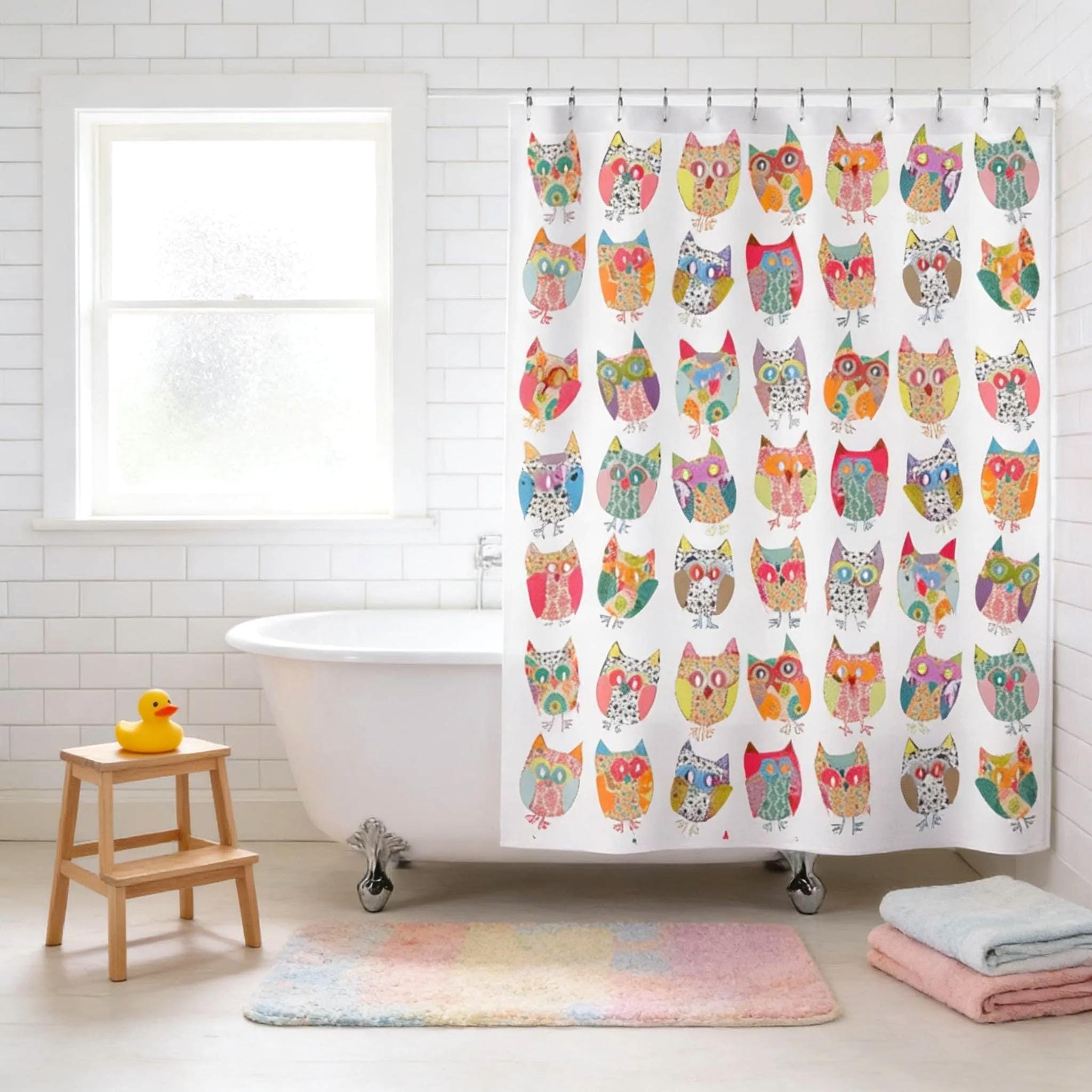 Owls Shower Curtain Toddler Bathroom Decor, Woodland Style (Extra Long 70x83, Mold Resistant Polyest